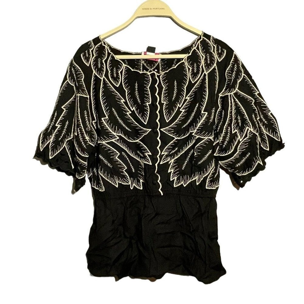 Anthropologie Maple Odd Rubies Blouse Women Sz 8 Black Embroidery Leaf Wide Boho